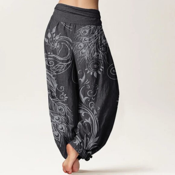 Buddha Stones peacock design women's elastic waist harem pants - Picture 3 of 5
